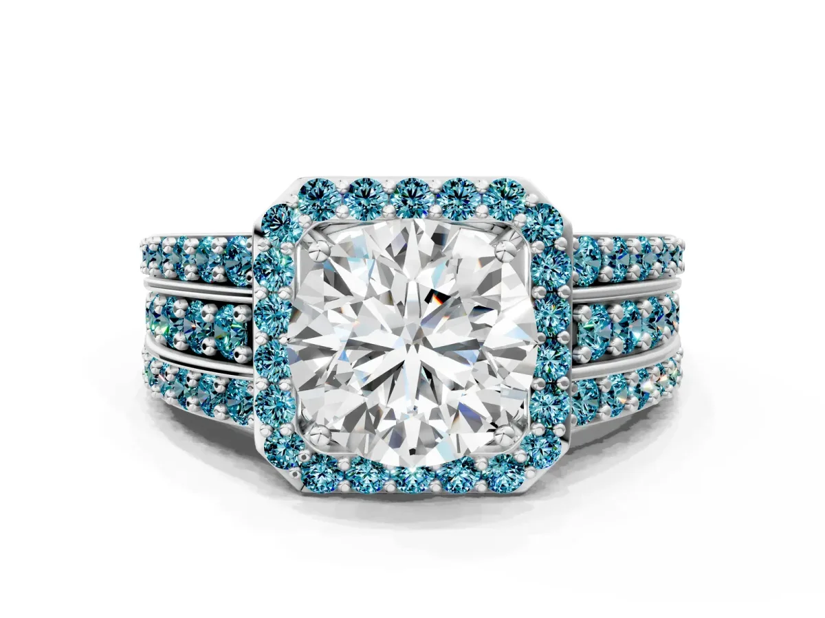 Round Cut Halo Diamond Ring with Round Blue Topaz Split Shank and Prong Setting Platinum