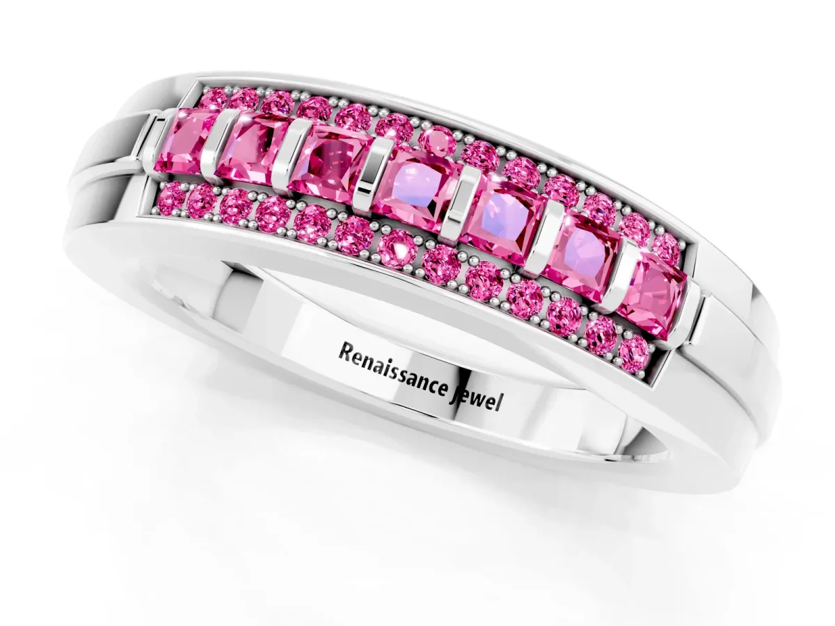 Bar-Set Princess Cut Pink Sapphire Pavé Band Silver