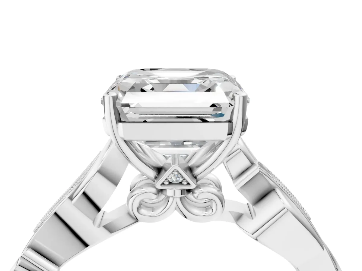 Asscher Cut Solitaire Vine Band with Milgrain Prong Setting Platinum