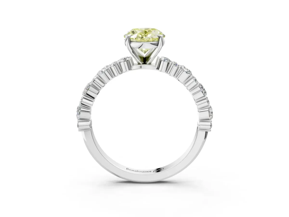 Fancy Yellow Oval Cut Diamond Side Stone Solitaire Ring with Round and Four-Prong Setting White gold