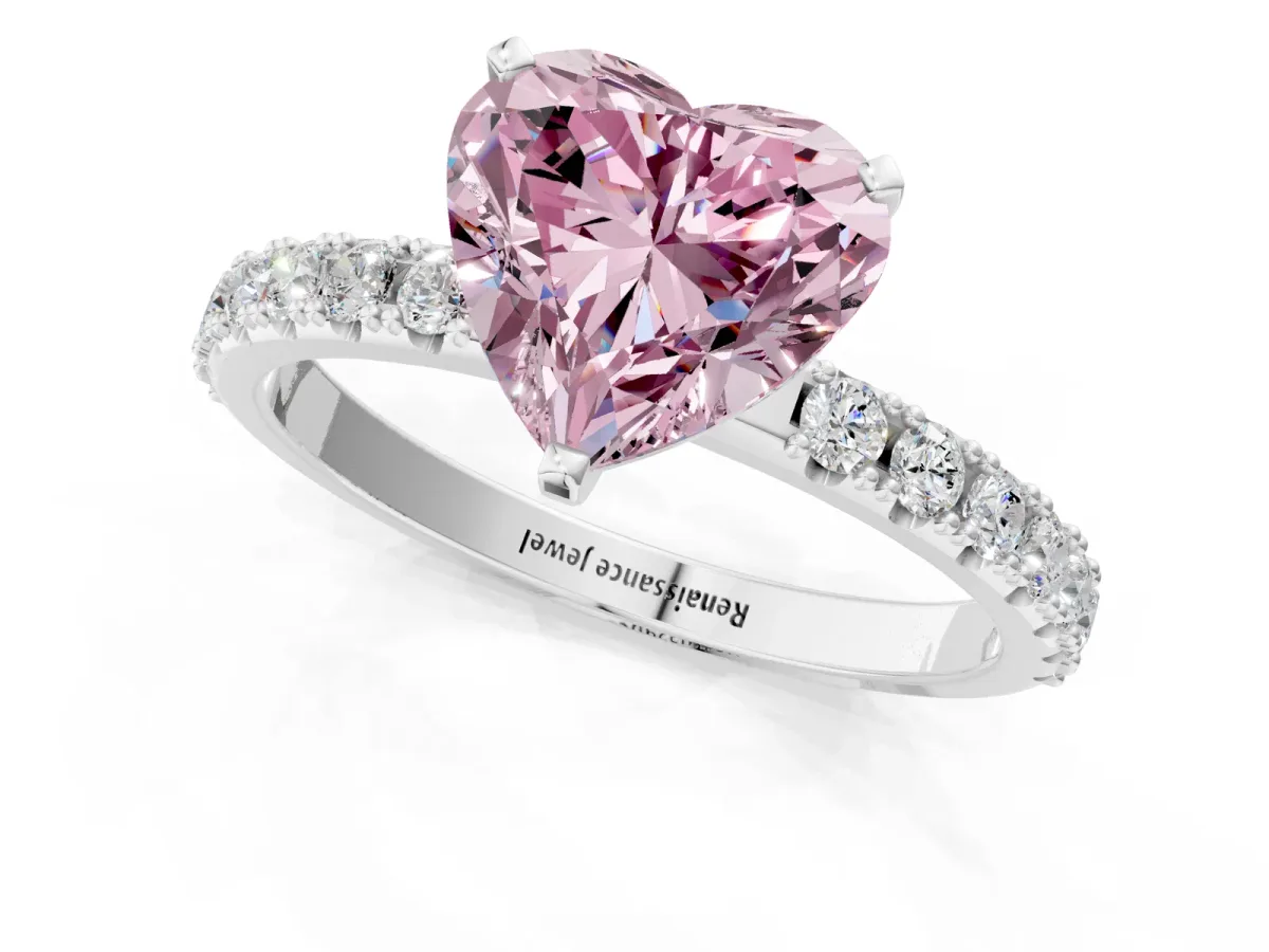 Fancy Pink Heart Cut Diamond Solitaire Pavé Band with Four-Prong Setting Silver