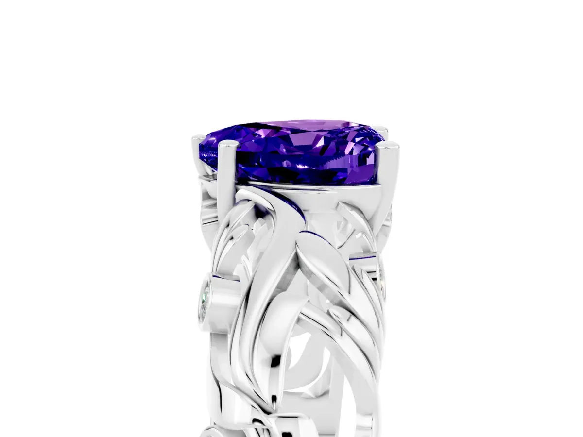 Heart Cut Solitaire Tanzanite Leaf-Inspired Vine Band Ring with Prong Setting Platinum