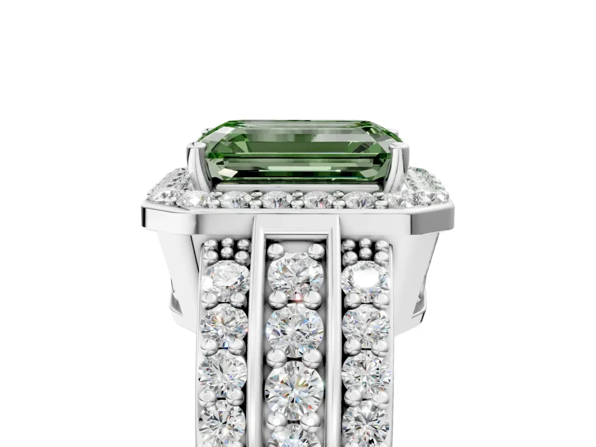 Fancy Green Emerald Cut Halo Diamond Ring with Round Split Shank and Prong Setting White gold