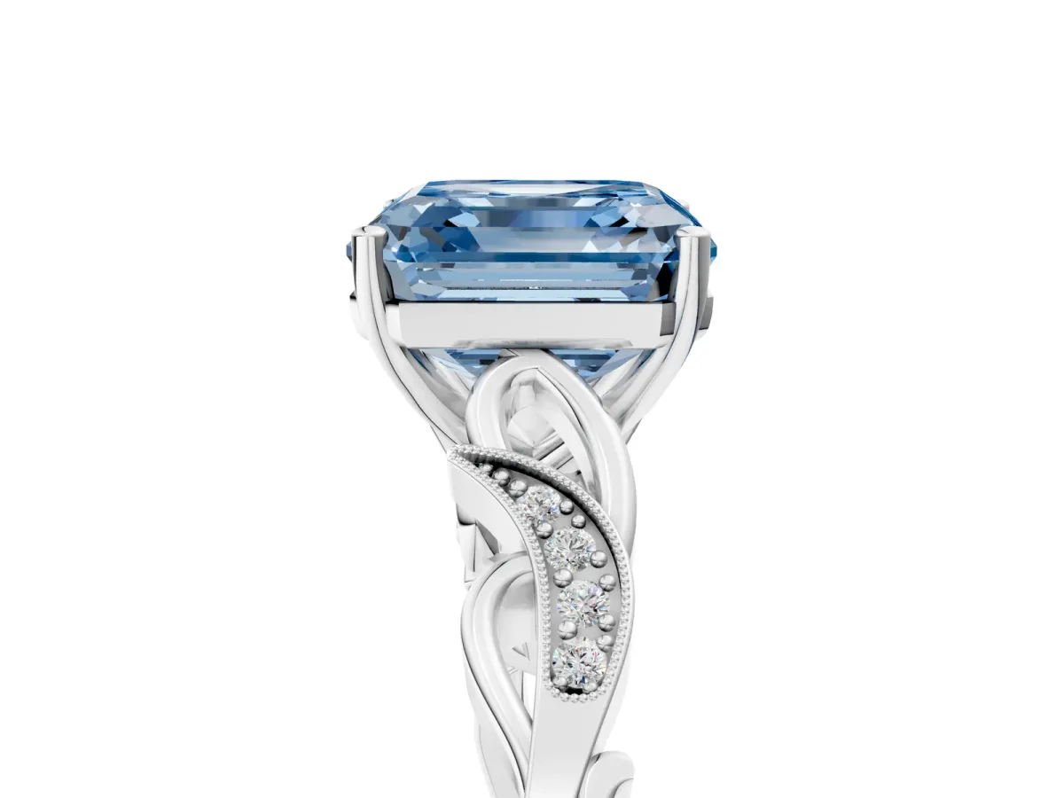 Fancy Blue Asscher Cut Solitaire Vine Band with Milgrain Prong Setting Platinum