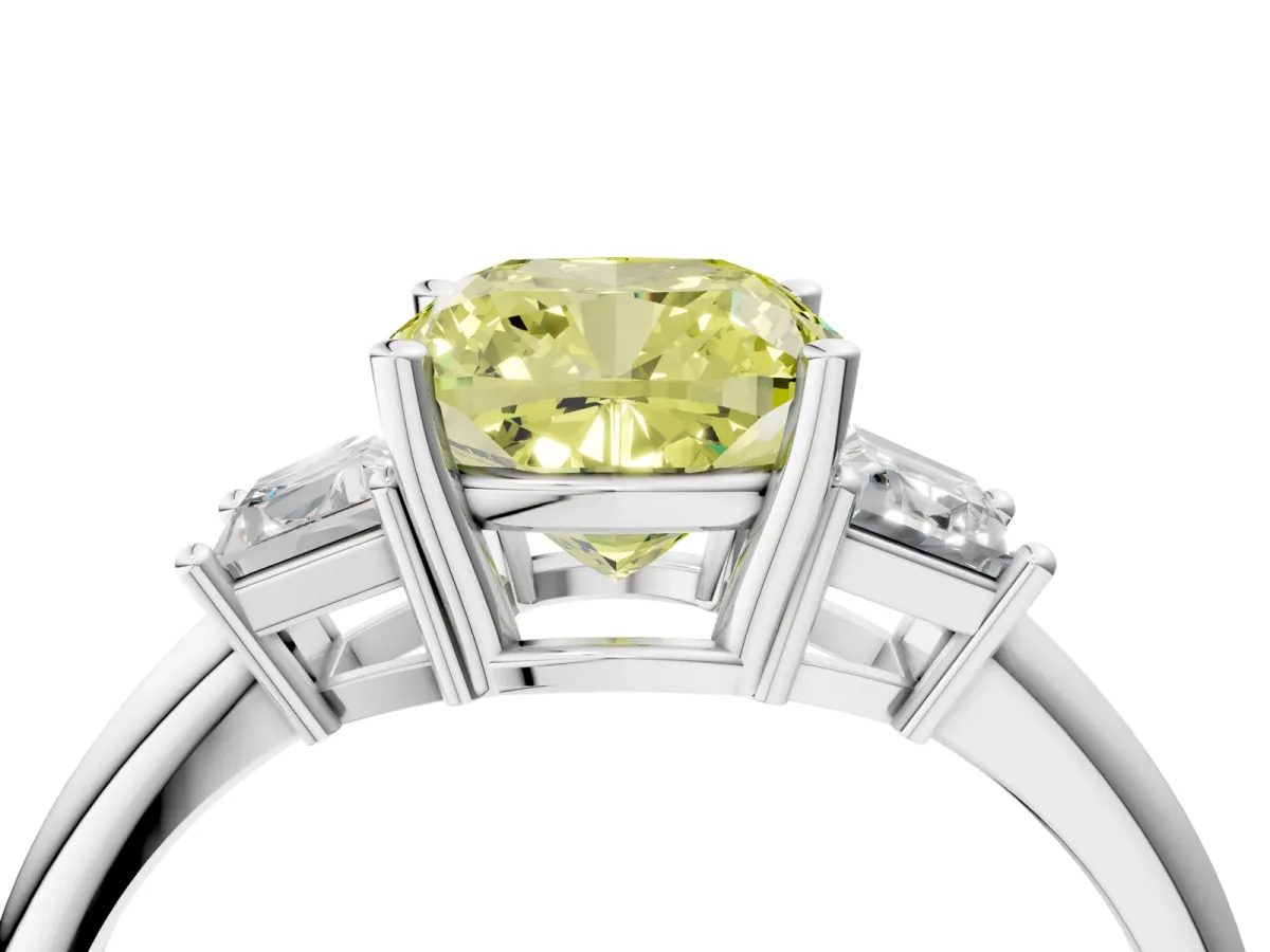 Fancy Yellow Cushion Cut Diamond Three-Stone Ring with Trapezoid Side Stones and Prong Setting Silver