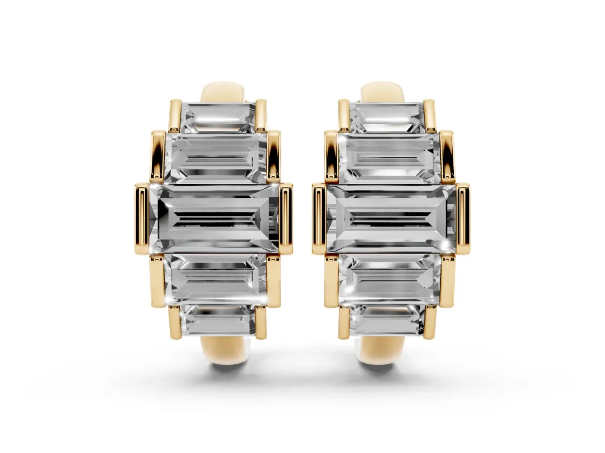 Baguette Cut Diamond Graduated Channel Set Hoop Earrings Yellow gold