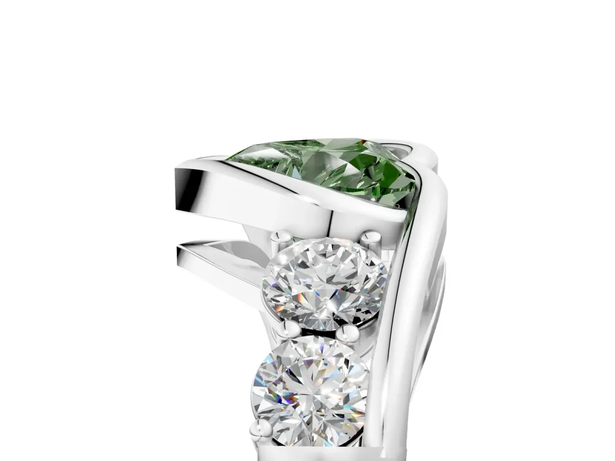 Fancy Green Bezel Set Heart Cut Diamond Bypass Ring with Round Accents Silver