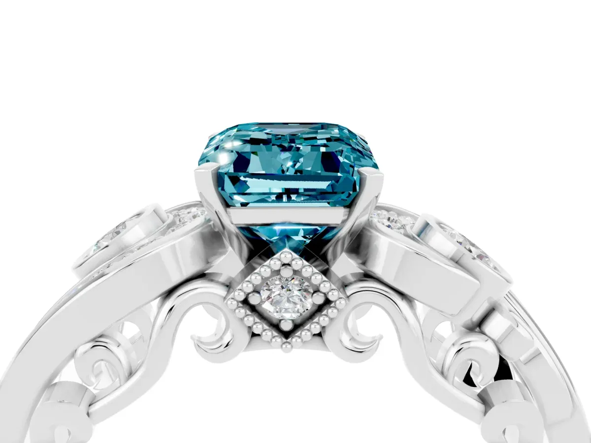 Emerald Cut Blue Topaz Solitaire Ring with Milgrain Pavé Band and Four-Prong Setting Silver