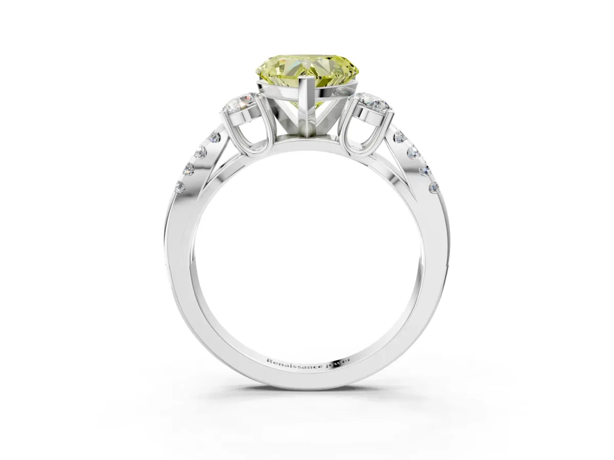 Fancy Yellow Heart Cut Diamond Three-Stone Ring with Pavé Split Shank and Four-Prong Setting White gold