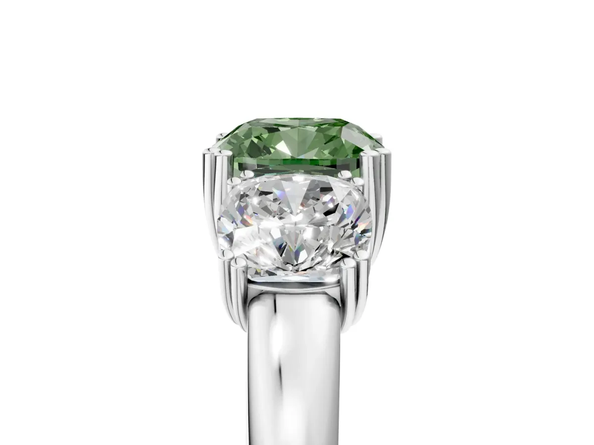 Fancy Green Three-Stone Cushion Cut Cut Diamond Ring with Channel Set Band and Four-Prong Setting Silver