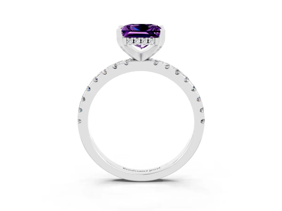 Princess Cut Amethyst Solitaire Ring with Round Pavé Band and Four-Prong Setting Silver