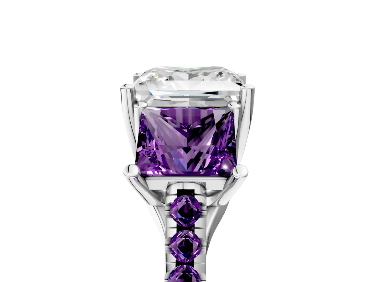 Three-Stone Princess Cut Diamond Ring with Round Amethyst Pavé Band and Prong Setting Platinum