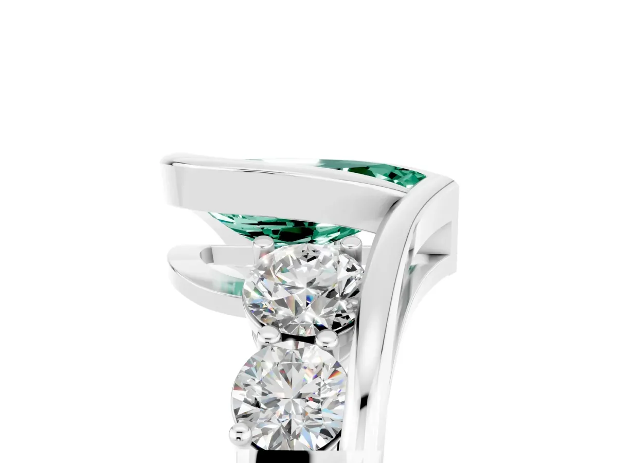 Bezel Set Pear Cut Green Sapphire Bypass Ring with Round Accents Silver