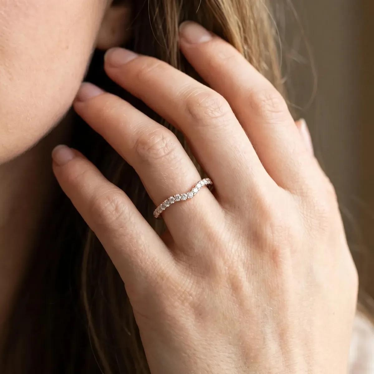 Pavé Round Diamond Curved Wedding Band with Shared Prong Setting Rose gold