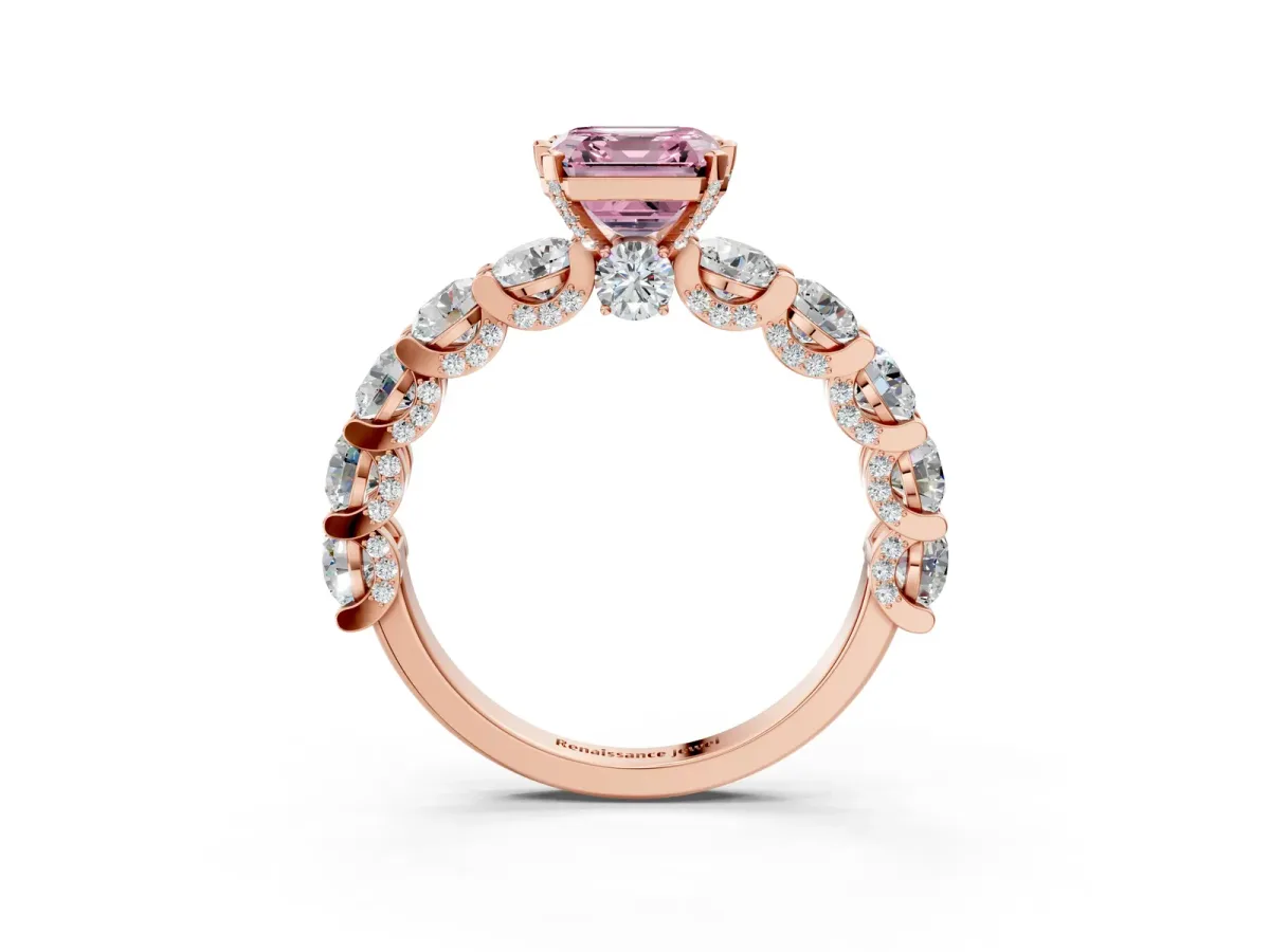 Fancy Pink Asscher Cut Diamond Side Stone Engagement Ring with Four-Prong Setting Rose gold