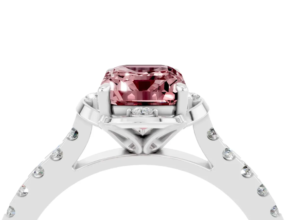Emerald Cut Morganite Ring with Pavé Band and Floral Prong Setting Platinum