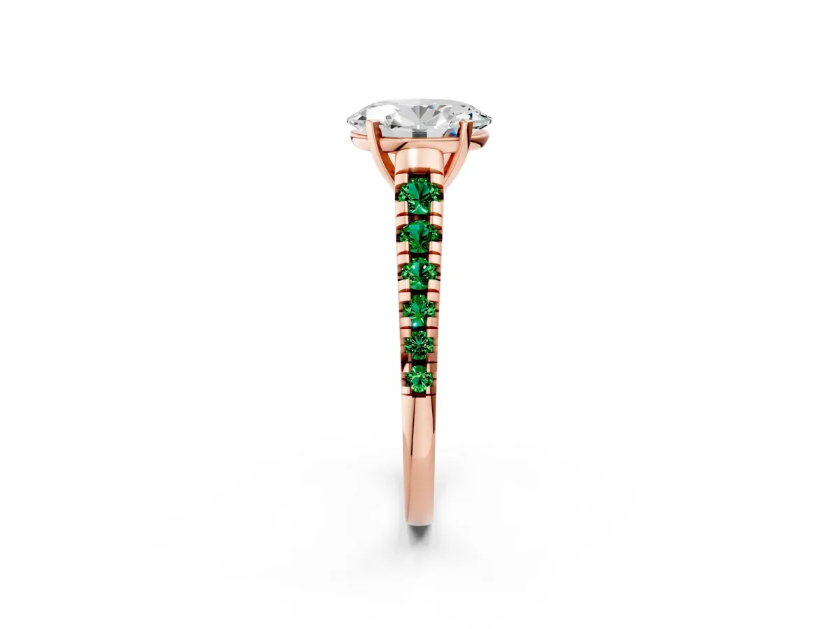 Oval Cut Diamond Cathedral Solitaire Ring with Round Emerald Pavé Band Rose gold