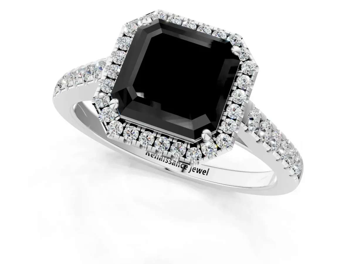 Fancy Black Asscher Cut Halo Pave Diamond Engagement Ring with Four-Prong Setting Platinum