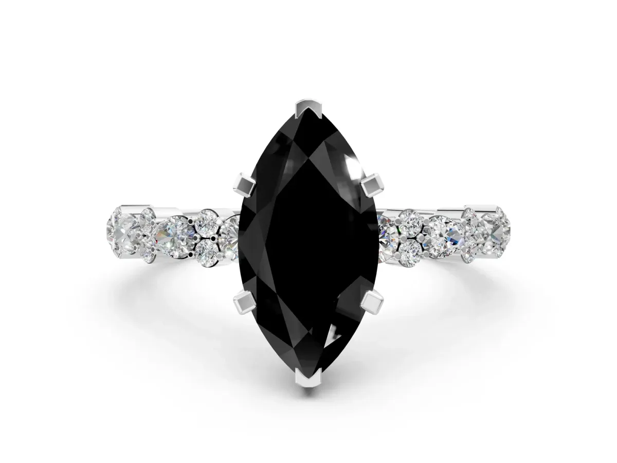 Fancy Black Marquise Cut Diamond Side Stone Solitaire Ring with Round and Four-Prong Setting Silver
