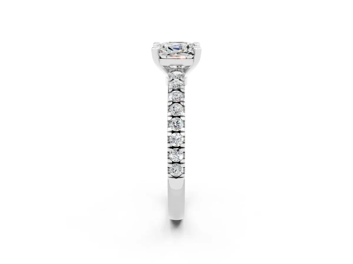 Cushion Cut Solitaire Moissanite with Pavé Band and Four-Prong Setting Silver
