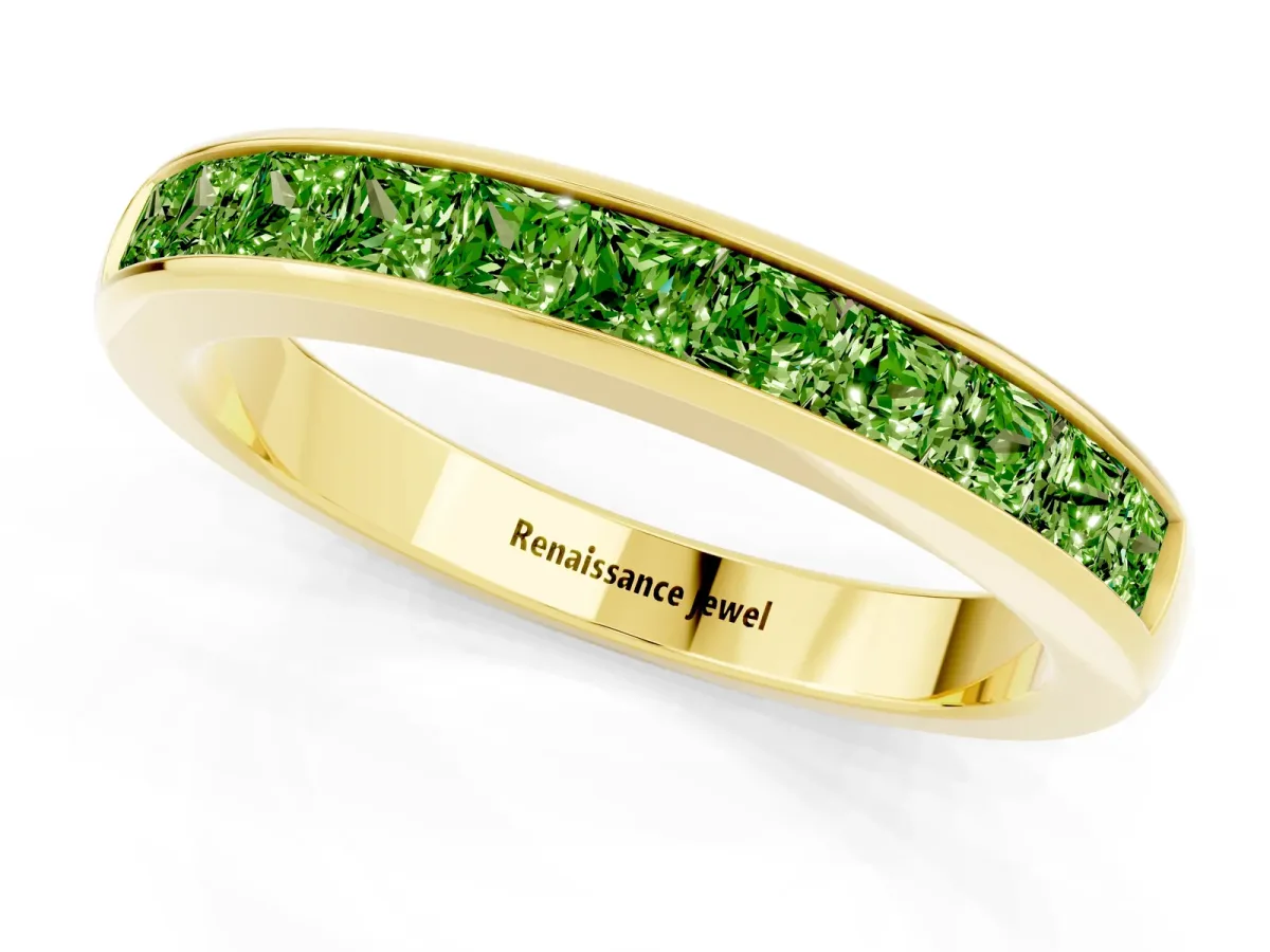 Channel Set Princess Cut Peridot Eternity Band Yellow gold