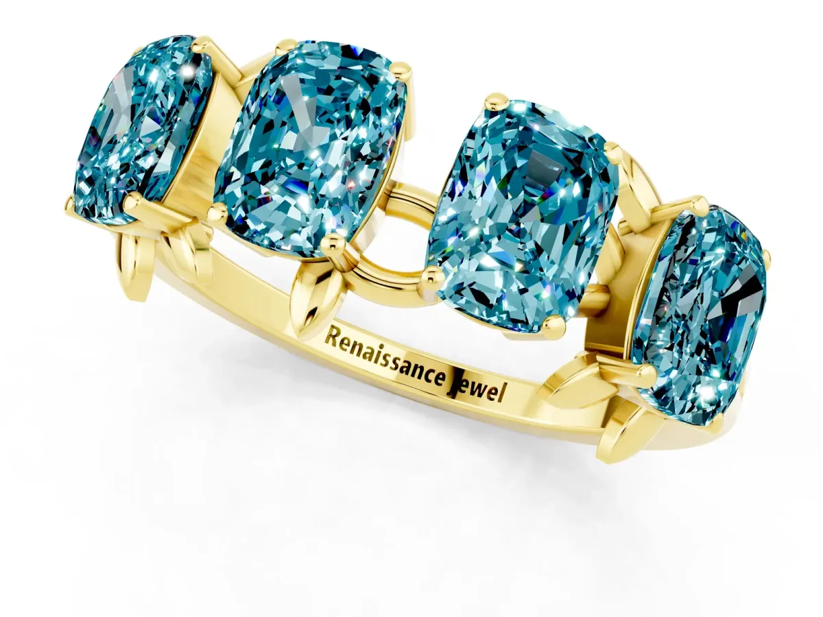 Emerald Cut Blue Topaz Prong-Set Half Eternity Band Yellow gold