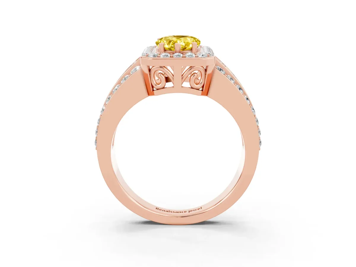 Pear Cut Halo Yellow Sapphire Ring with Round Split Shank and Prong Setting Rose gold