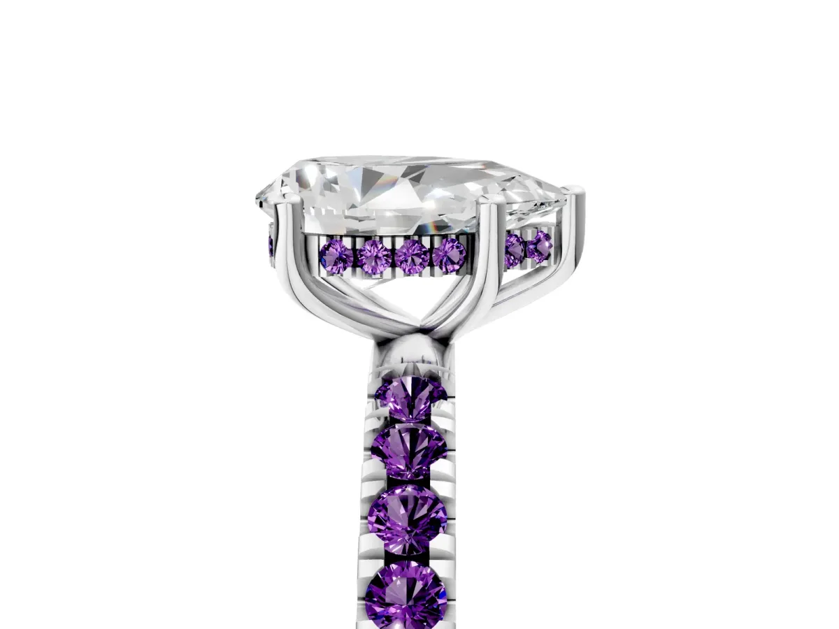 Pear Cut Diamond Pave Band Solitaire Ring with Round Amethyst and Prong Setting Silver