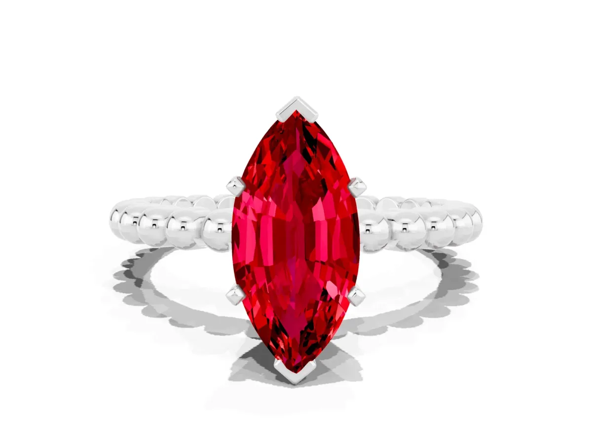 Marquise Cut Ruby Solitaire Ring with Beaded Band and Prong Setting Platinum