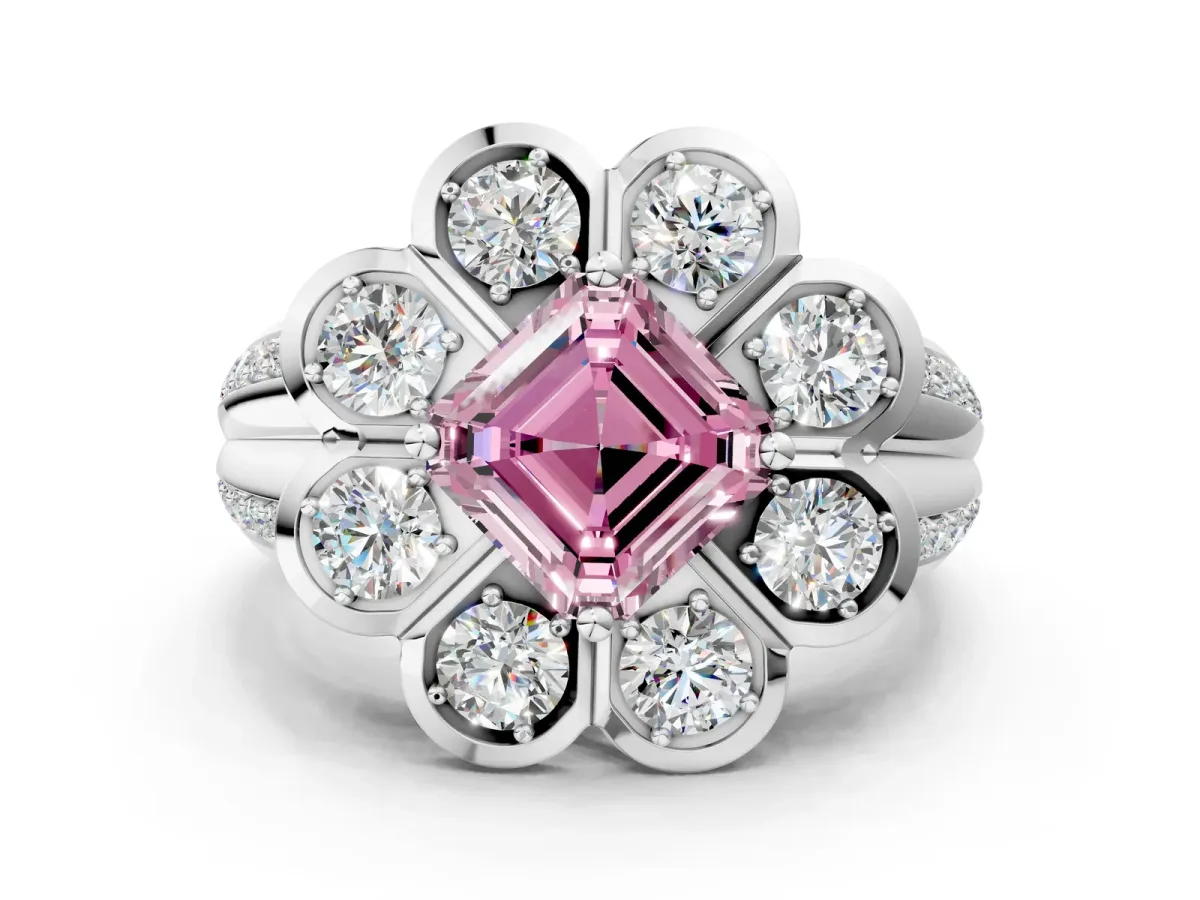 Fancy Pink Asscher Cut Brilliant Flower Halo Diamond Split Shank Ring Platinum