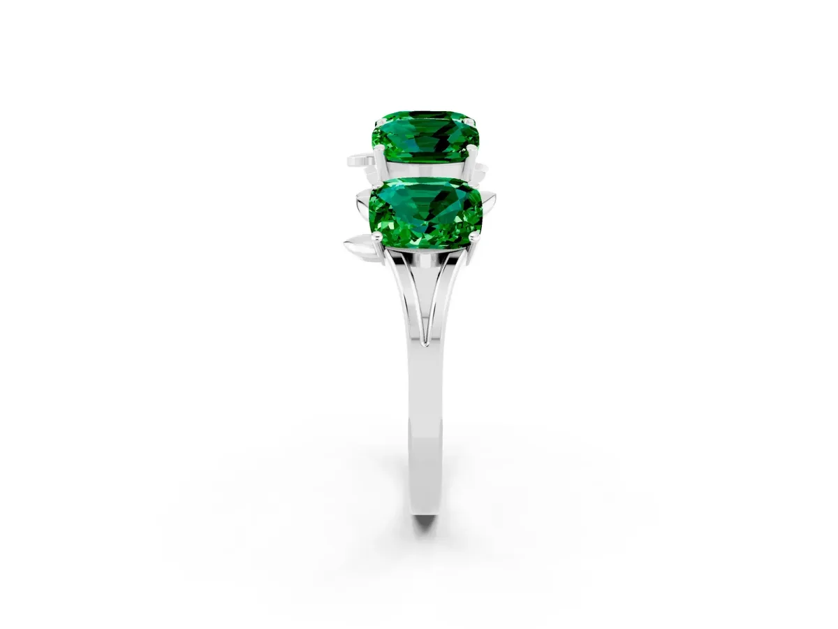 Four-Stone Elongated Cushion Emerald Band with Nature-Inspired Prong Setting Silver