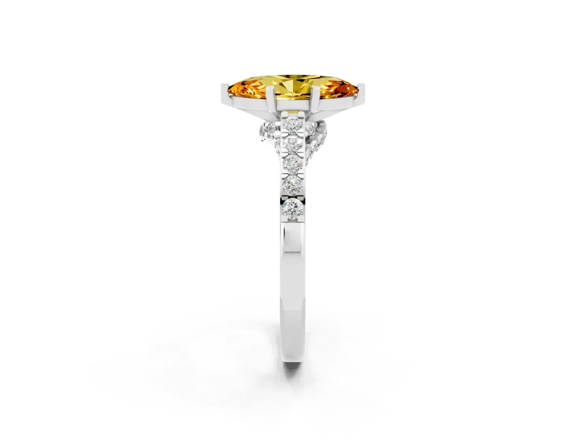 Marquise Cut Citrine Solitaire Ring with Crossover Gallery and Round Pavé Band Silver