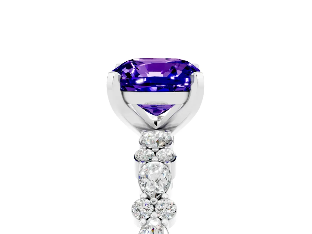 Cushion Cut Tanzanite Side Stone Solitaire Ring with Round and Four-Prong Setting Platinum