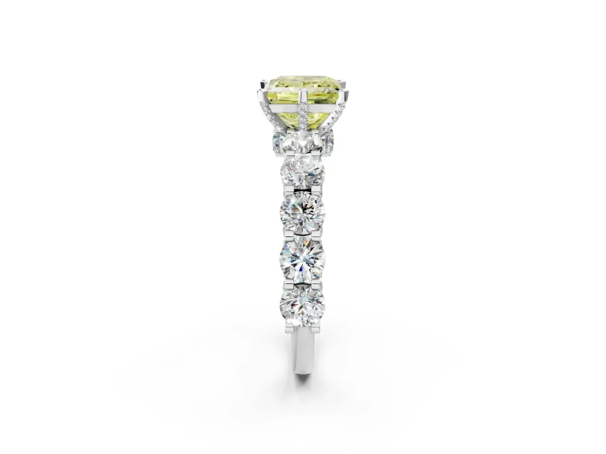Fancy Yellow Princess Cut Diamond Side Stone Engagement Ring with Four-Prong Setting White gold
