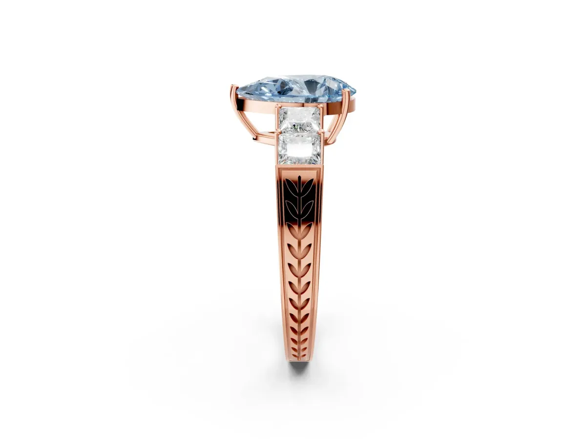 Fancy Blue Pear Cut Solitaire Princess Side Stone Engraved Band Prong Setting Ring Rose gold
