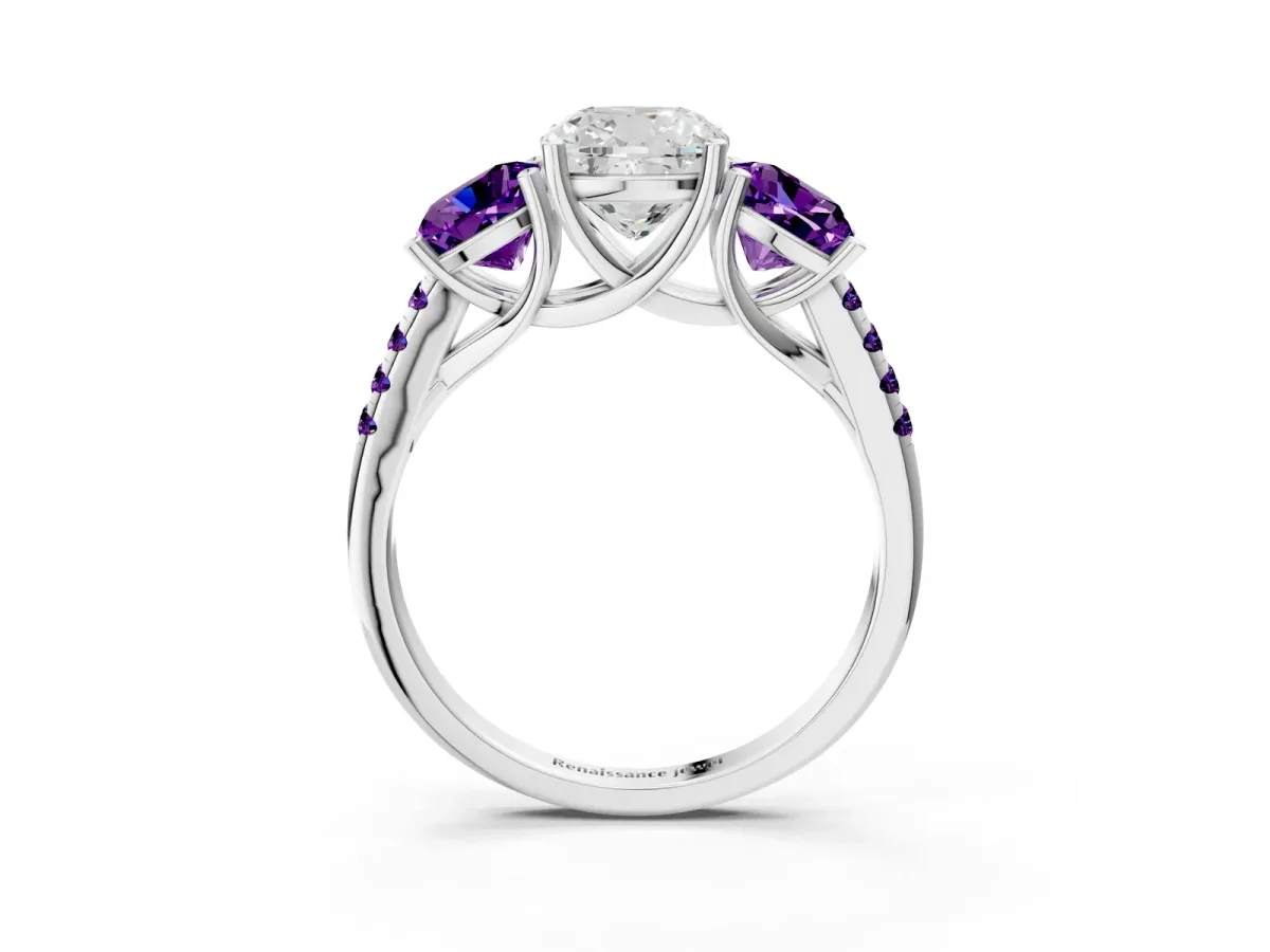 Three-Stone Cushion Cut Diamond Ring with Round Amethyst Pavé Band and Prong Setting Silver
