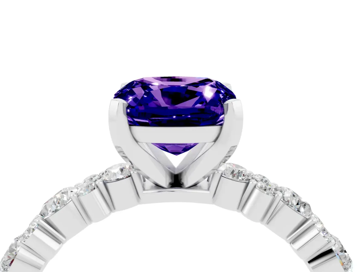 Cushion Cut Tanzanite Side Stone Solitaire Ring with Round and Four-Prong Setting Platinum