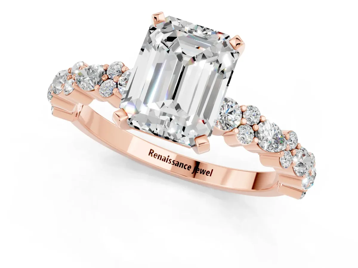 Emerald Cut Moissanite Side Stone Solitaire Ring with Round and Four-Prong Setting Rose gold