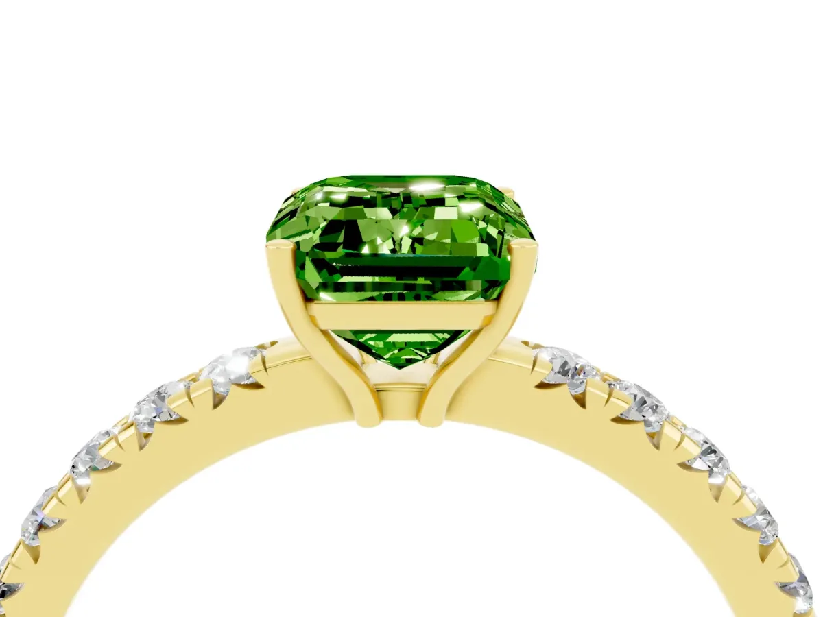 Emerald Cut Peridot Pavé Solitaire Engagement Ring with Four-Prong Setting Yellow gold