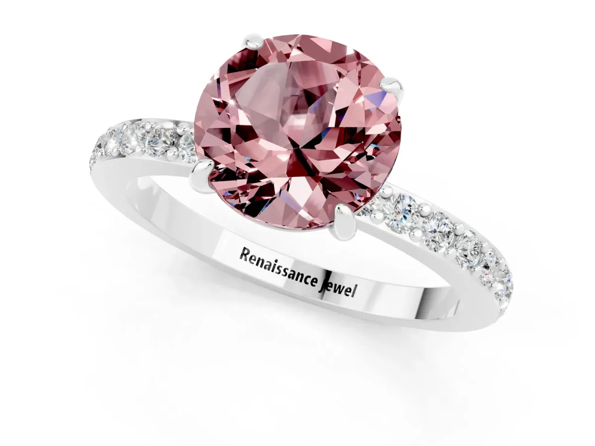 Round Cut Morganite Solitaire Engagement Ring with Pavé Band and Four-Prong Setting Silver