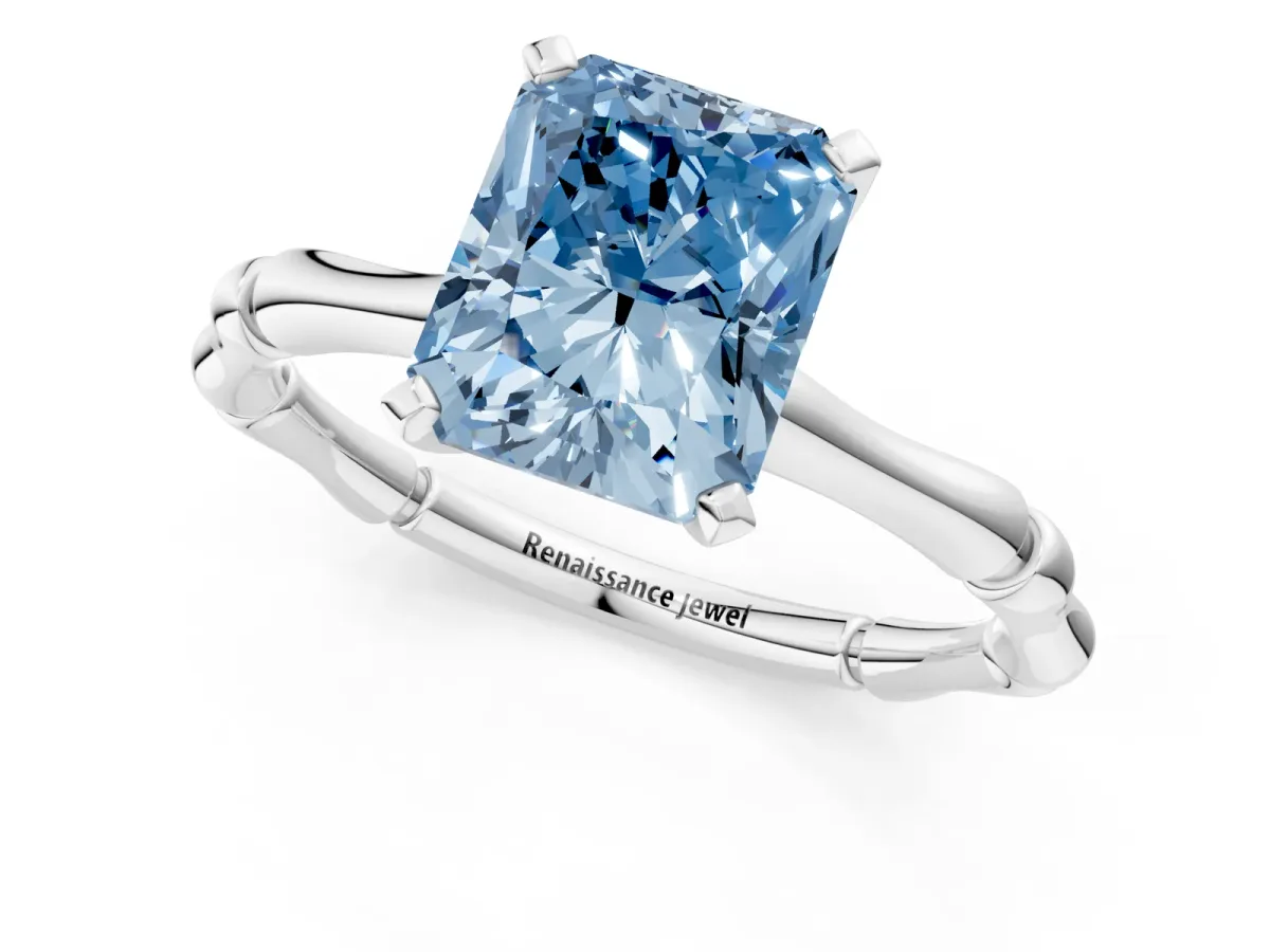 Fancy Blue Radiant Cut Solitaire Diamond Ring with Bamboo Band and Four-Prong Setting Platinum