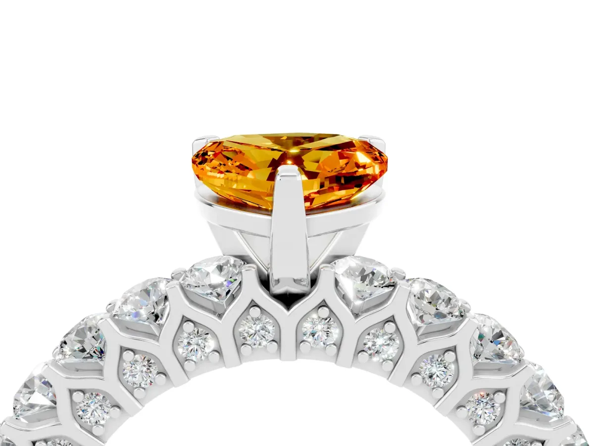 Heart Cut Citrine Solitaire Ring with Shared Prong Pavé Band and Four-Prong Setting Platinum