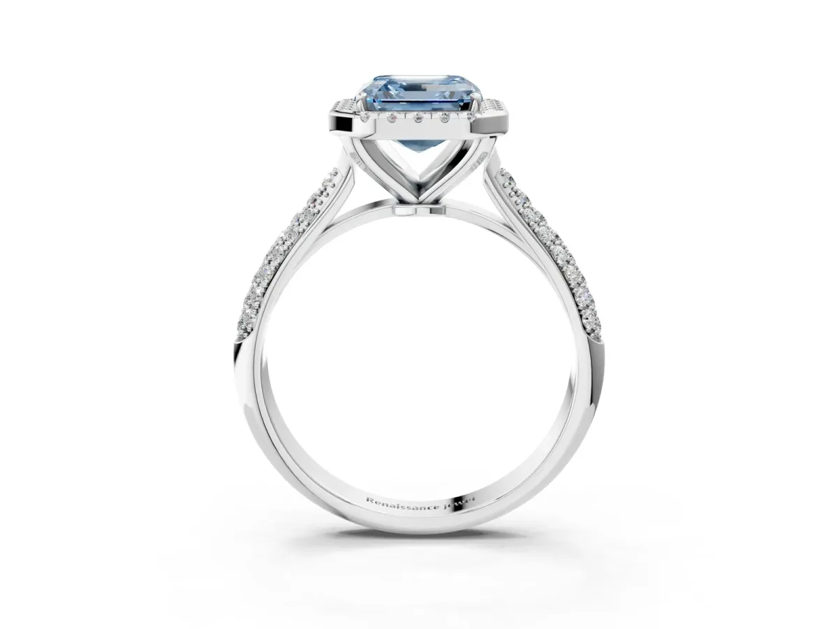 Fancy Blue Asscher Cut Halo Diamond Ring with Pavé Band Platinum