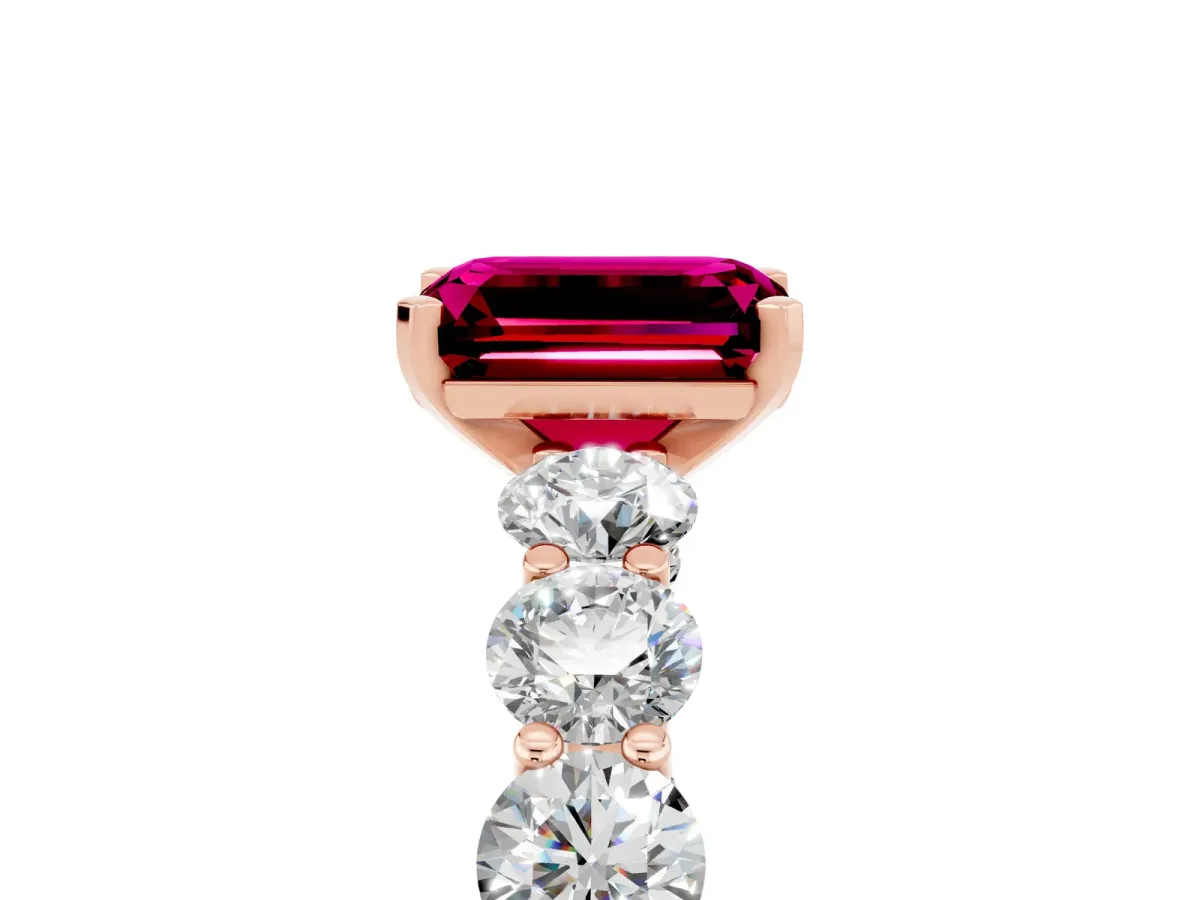 Emerald Cut Garnet Prong Setting with Side Stones on a Pave Band Rose gold