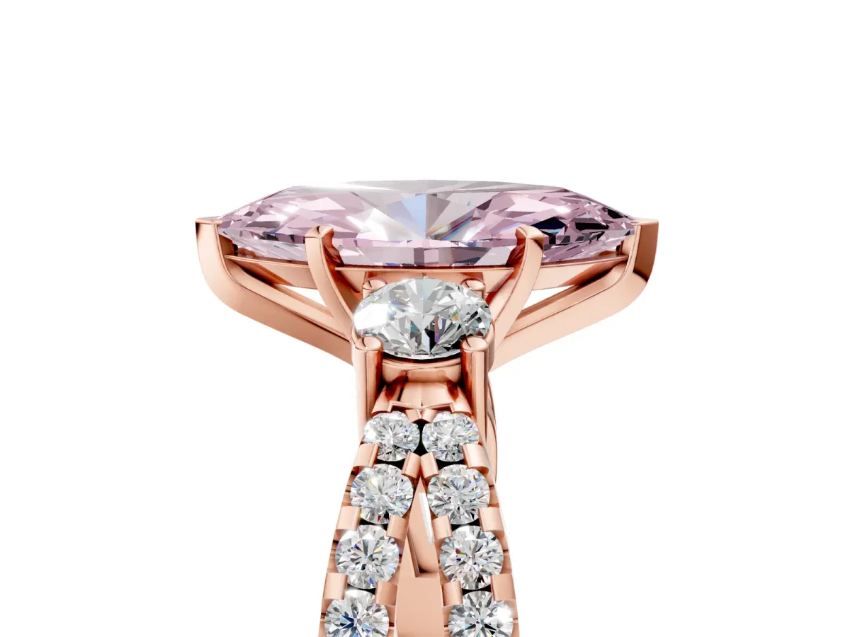 Fancy Pink Marquise Cut Diamond Three-Stone Ring with Pavé Split Shank and Four-Prong Setting Rose gold