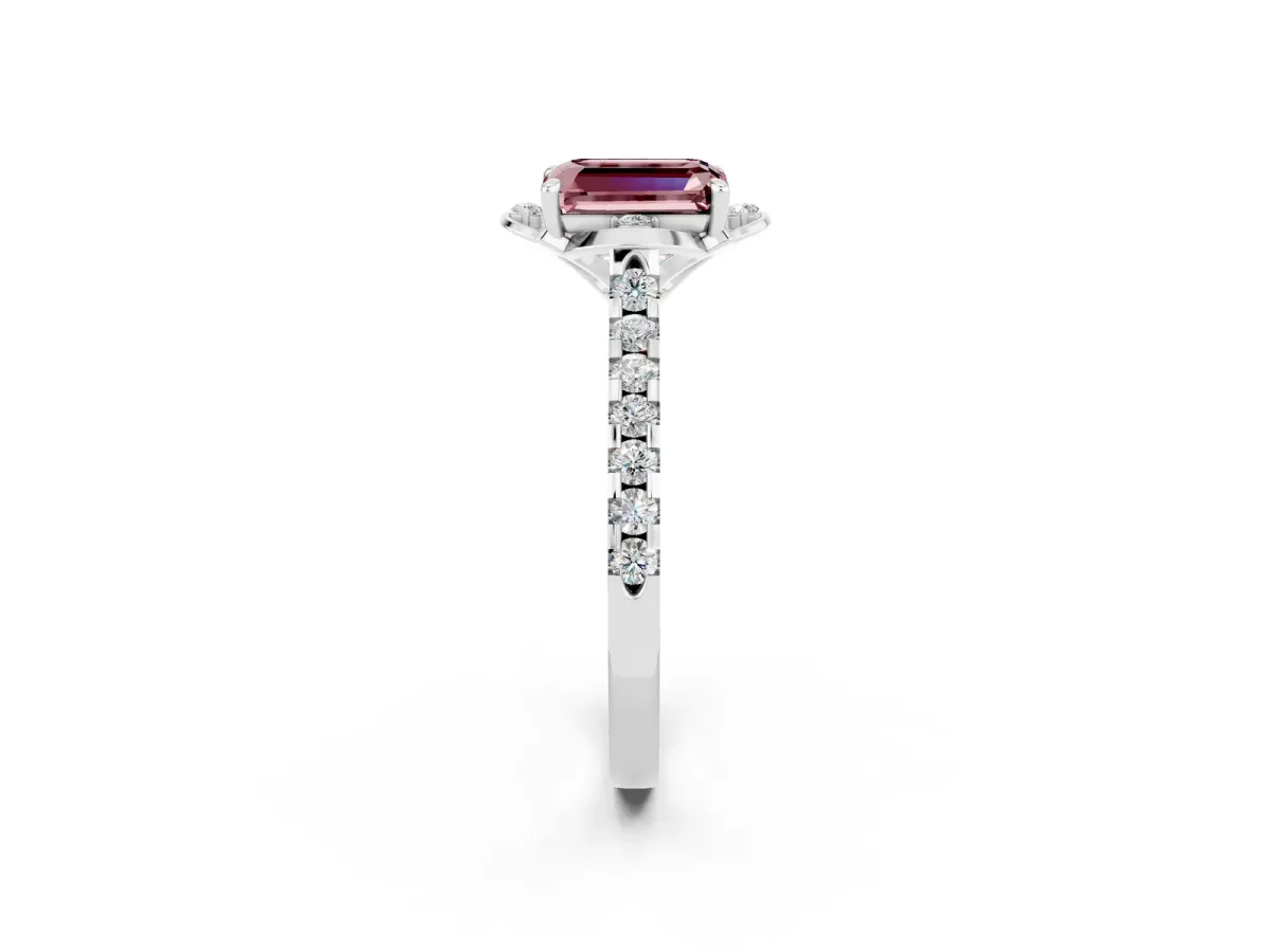 Emerald Cut Morganite Ring with Pavé Band and Floral Prong Setting Platinum