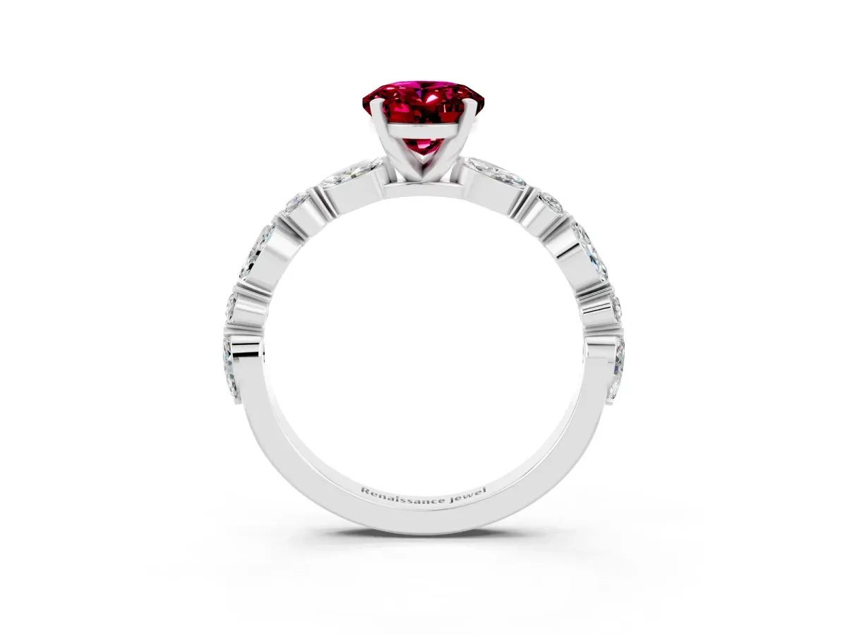 Oval Cut Garnet Ring with Marquise and Round Side Stones and Four-Prong Setting Silver