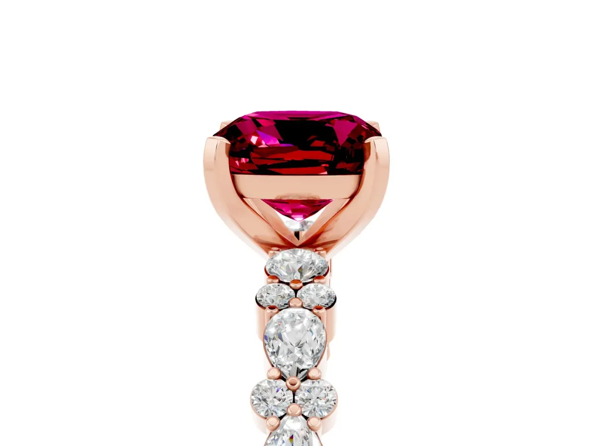 Cushion Cut Garnet Side Stone Solitaire Ring with Round and Four-Prong Setting Rose gold