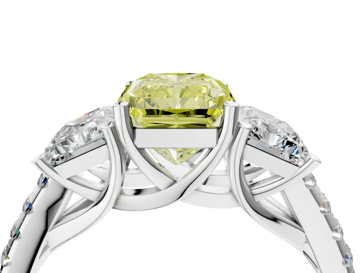 Fancy Yellow Three-Stone Radiant Cut Diamond Ring with Round Pavé Band and Prong Setting Silver