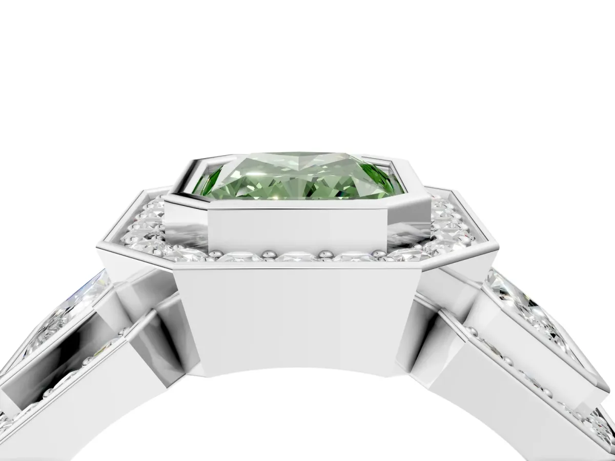 Fancy Green Three-Stone Radiant Cut Halo Pavé Diamond Ring Platinum